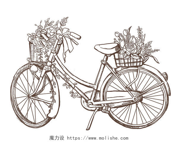 手绘复古装载鲜花花卉自行车速写插画